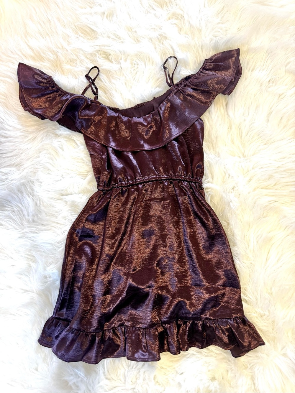 Jack by BB Dakota Burgundy Satin Off Shoulder Ruffle Mini Dress XS - Picture 8 of 14